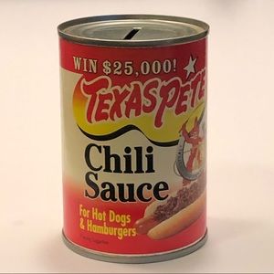 Vintage Texas Pete Stash Coin Tin Can Bank Chili